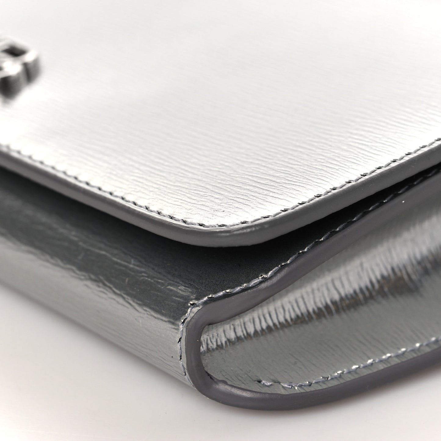 Metallic Grained Calfskin BB Phone Holder Wallet On Chain Silver