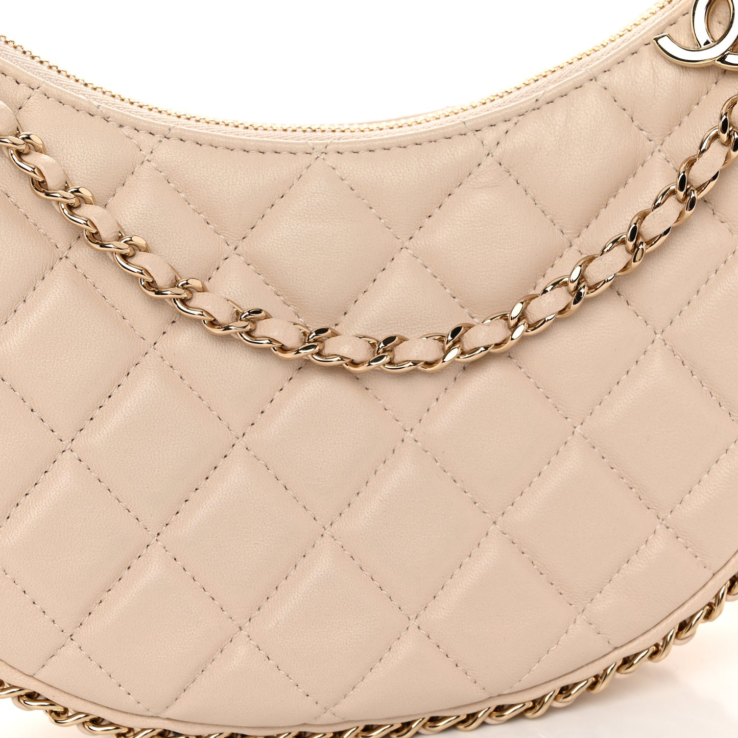 Lambskin Quilted Small Hobo Bag Light Beige