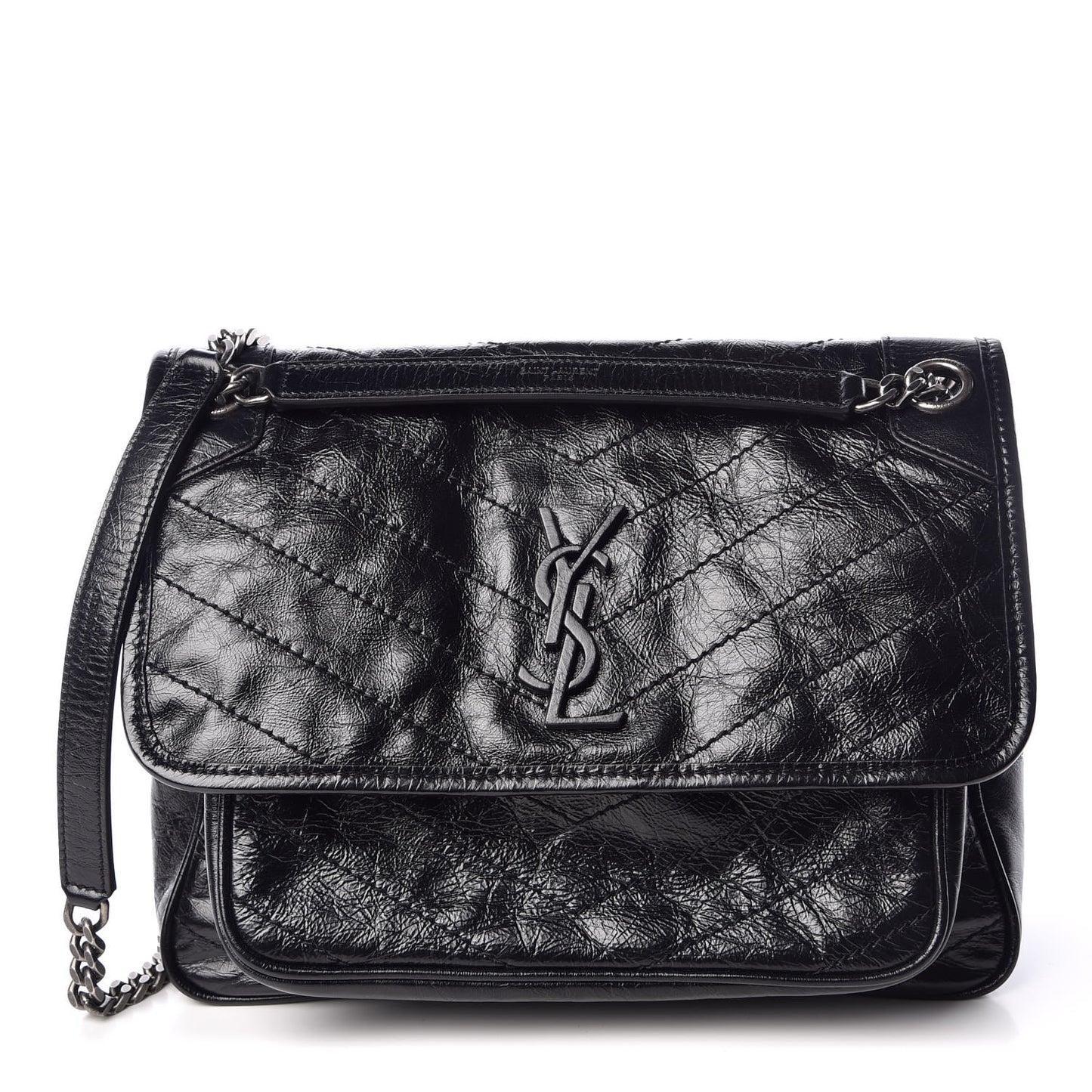Crinkled Calfskin Matelasse Monogram Medium Niki Chain Satchel Black