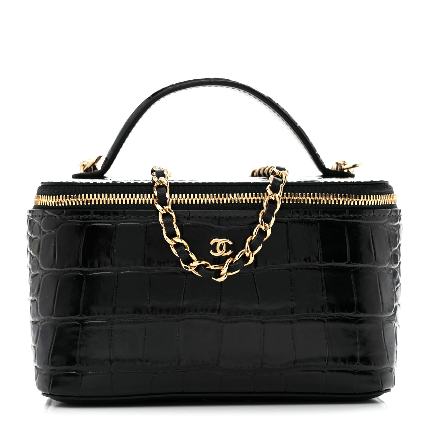 Calfskin Crocodile Embossed Exoticoco Small Top Handle Vanity Case With Chain Black
