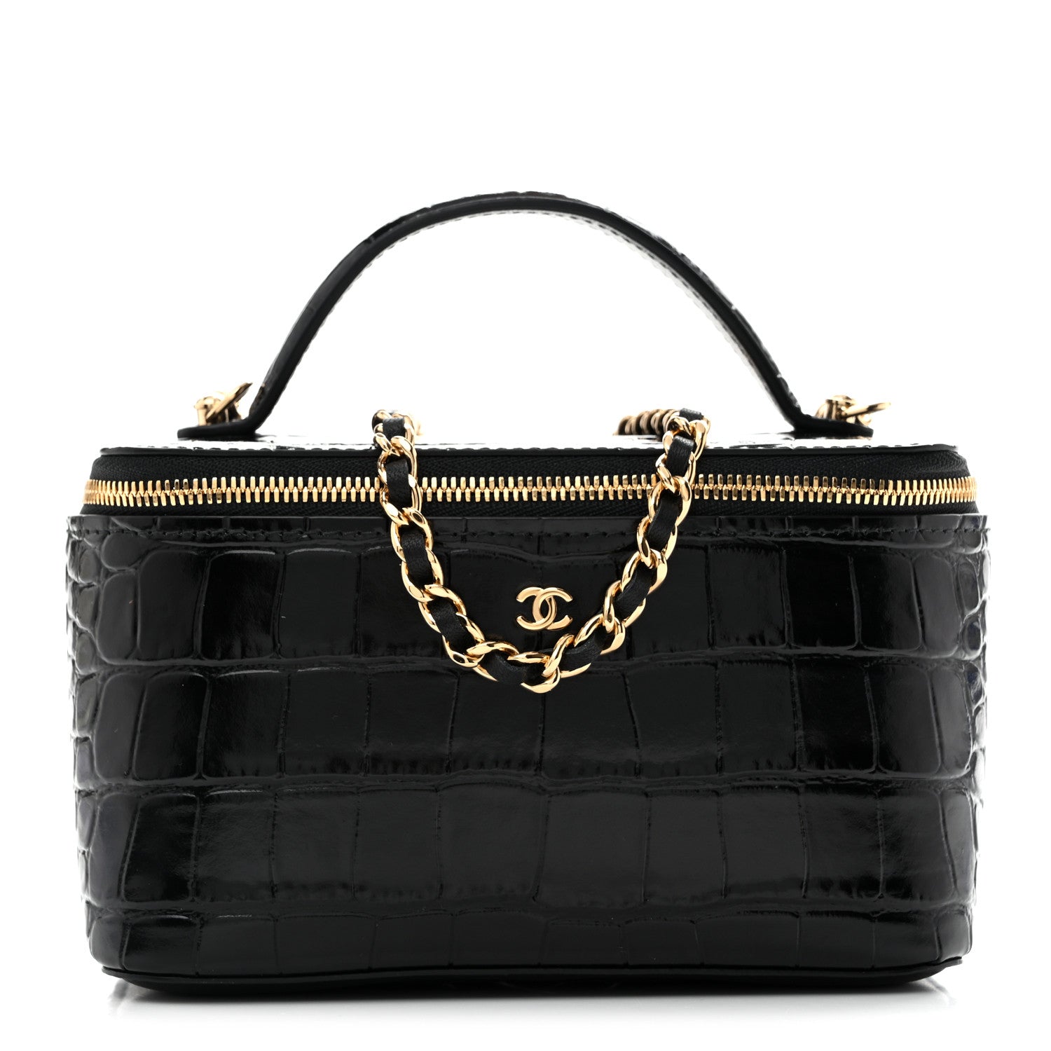 Chanel Calfskin Crocodile Embossed Exoticoco Small Top Handle Vanity Case With Chain Black 1 of 12