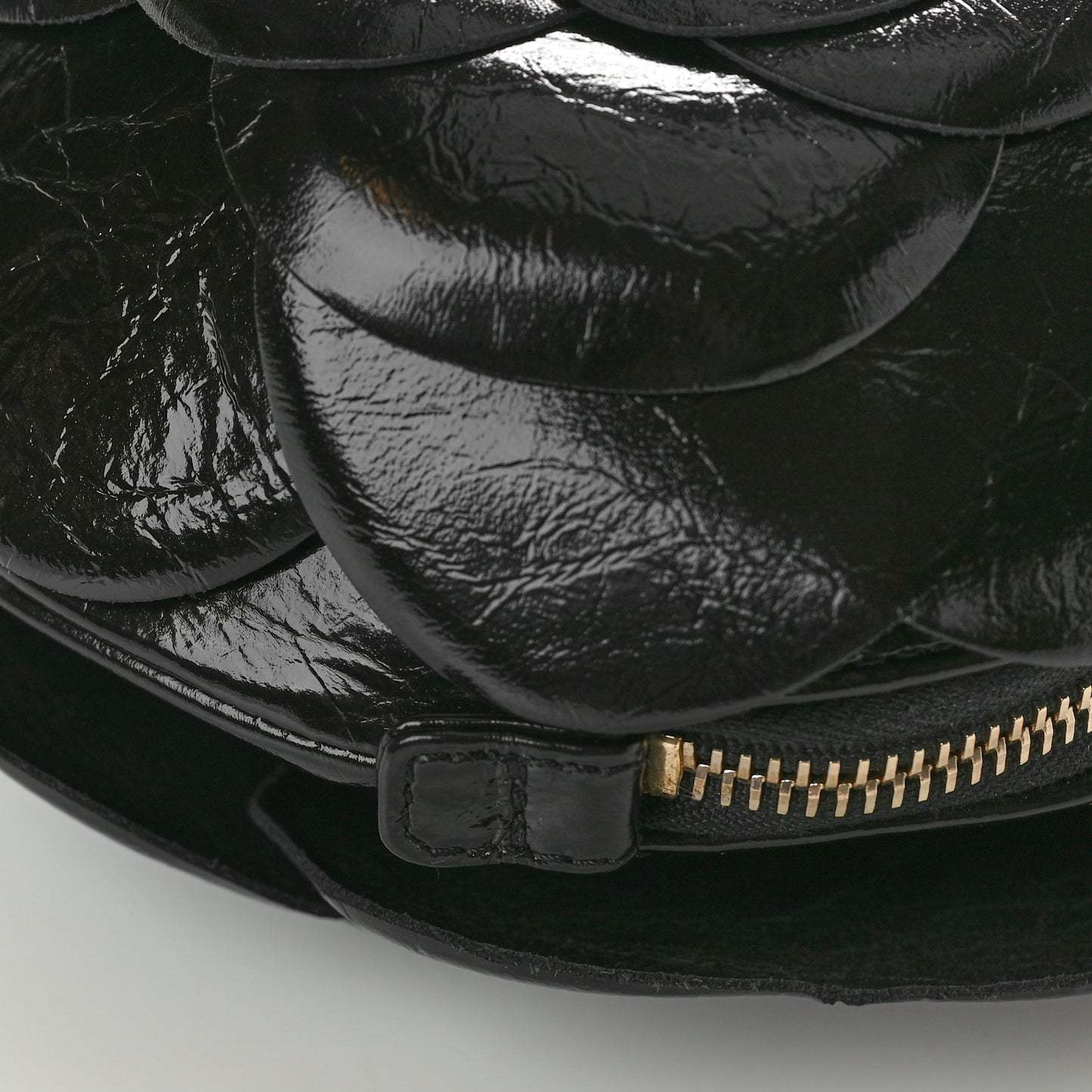 Patent Lambskin Camellia Bouquet Clutch With Chain Black