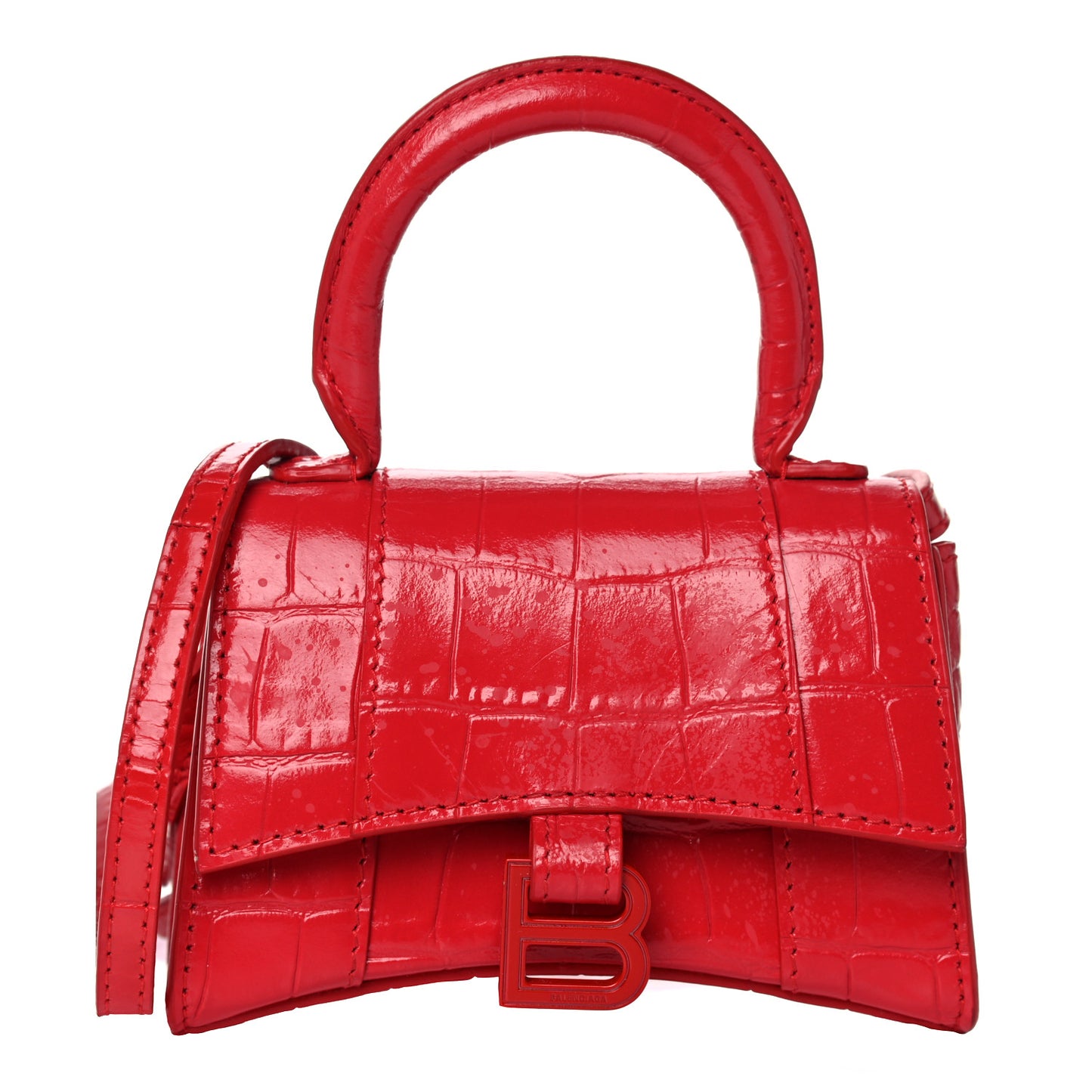 Shiny Calfskin Tonal B Crocodile Embossed Hourglass Top Handle Bag Mini Bright Red