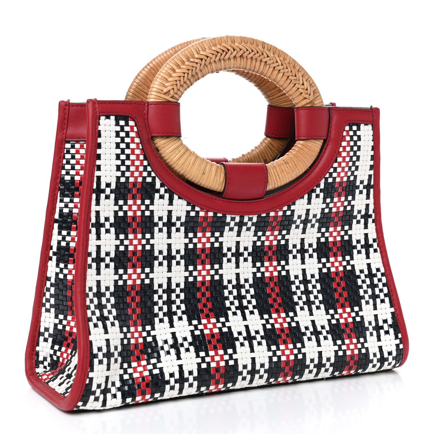 Fendi Vitello Century Wicker Tartan Plaid Woven Small Runaway Shopper Tote White Blue Fragola 2 of 4