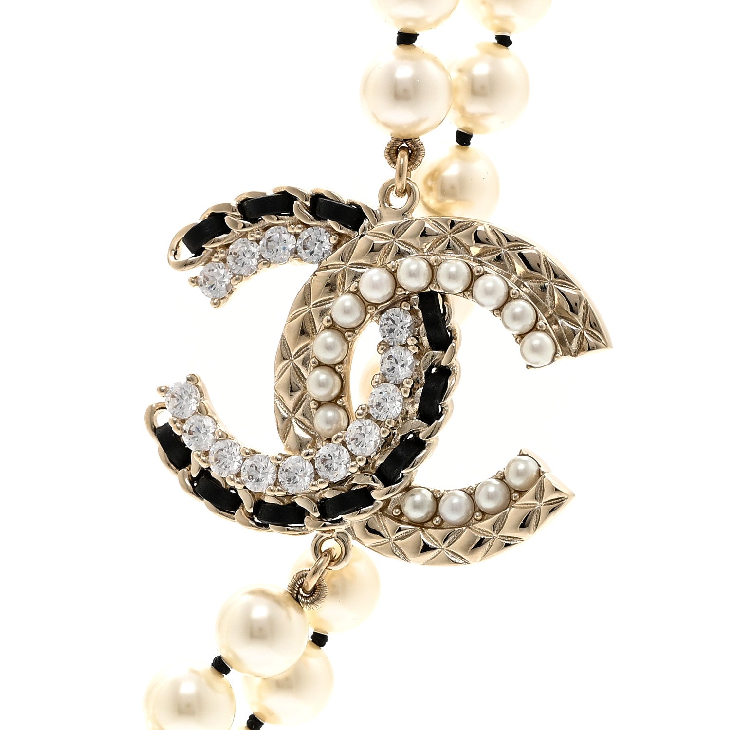 Chanel Pearl Crystal Lambskin CC Long Necklace Gold Black 4 of 6