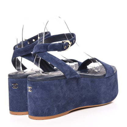 Chanel Suede Calfskin Platform Wedge Sandals 37.5 Blue 4 of 9