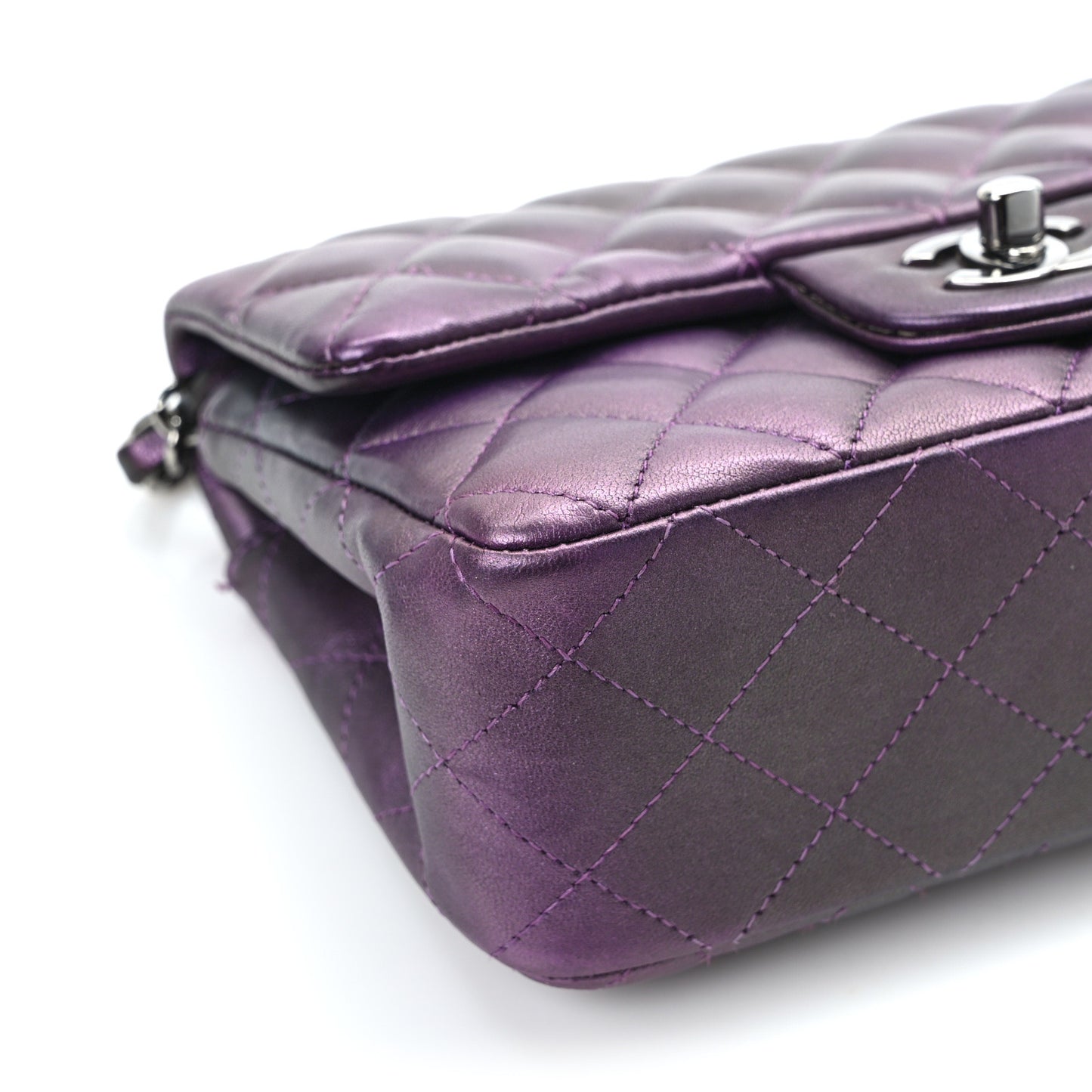 Iridescent Lambskin Quilted Mini Rectangular Flap Dark Purple