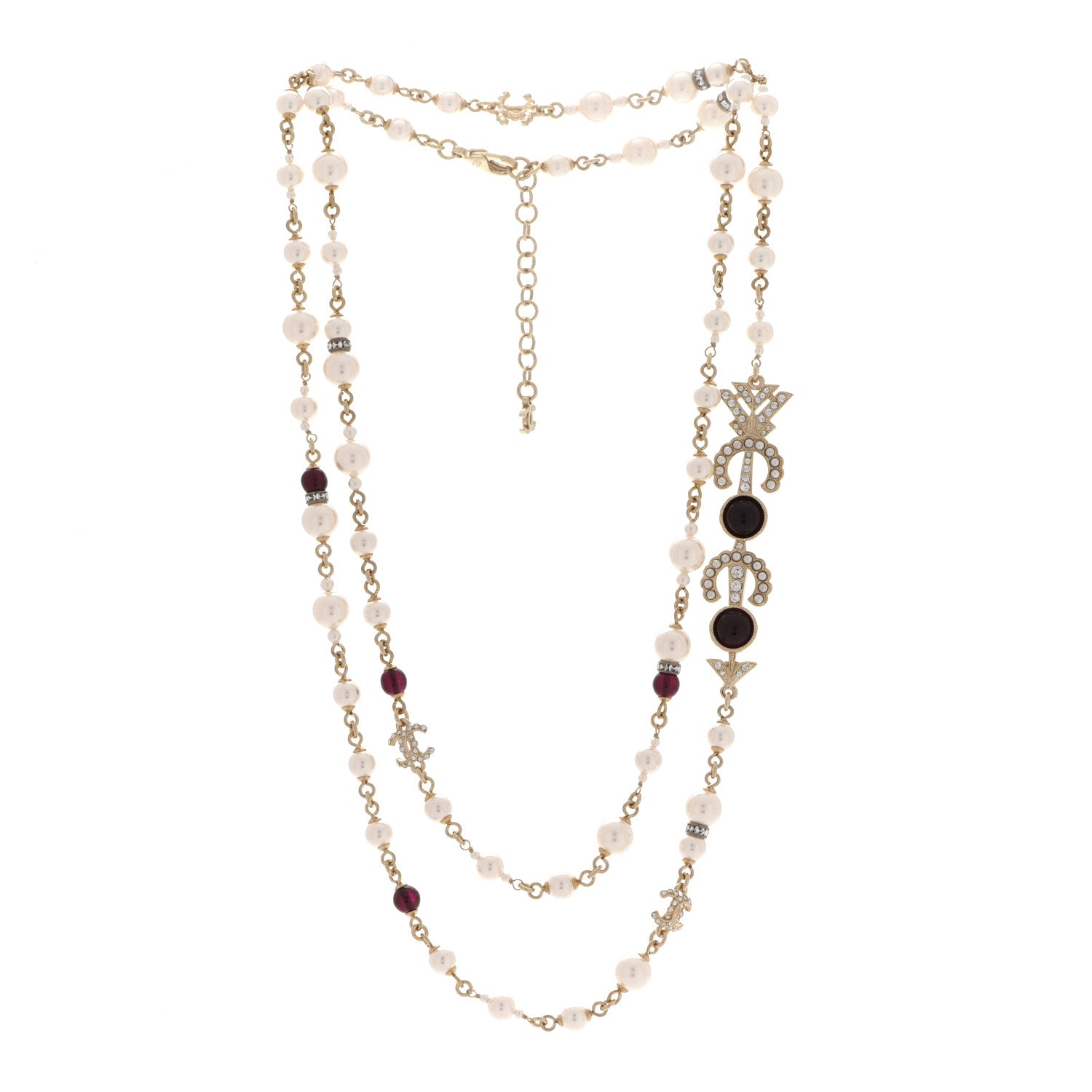 Chanel Pearl Crystal Queen of France Multi Strand Necklace Gold Red 3 of 6