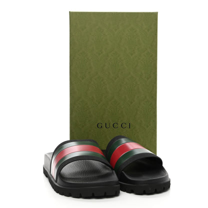 Gucci Rubber Web Mens Lug Sole Slide Sandals 10 Black Green Red 9 of 9