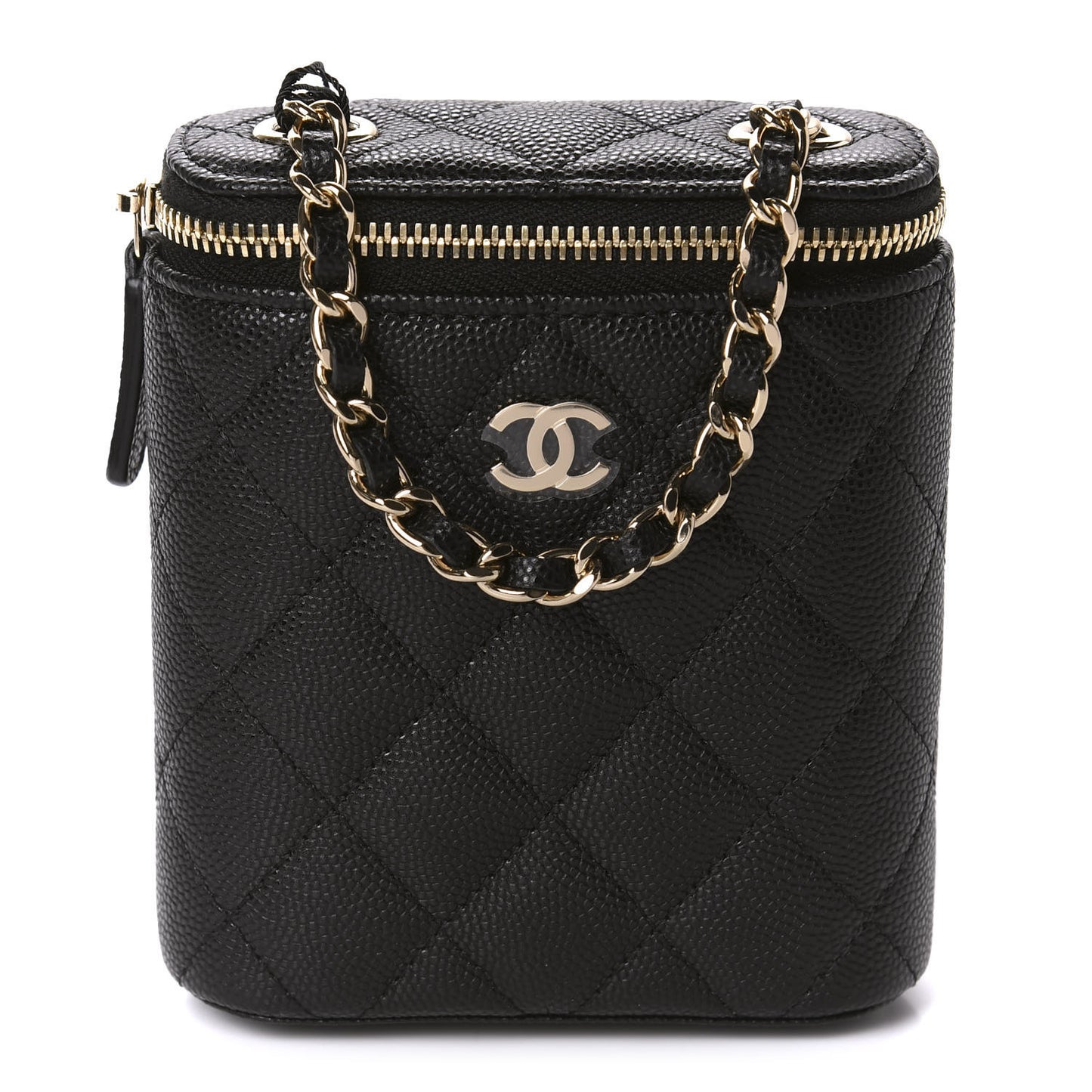 Caviar Quilted Small Vertical Coco Beauty Vanity Case With Chain Black