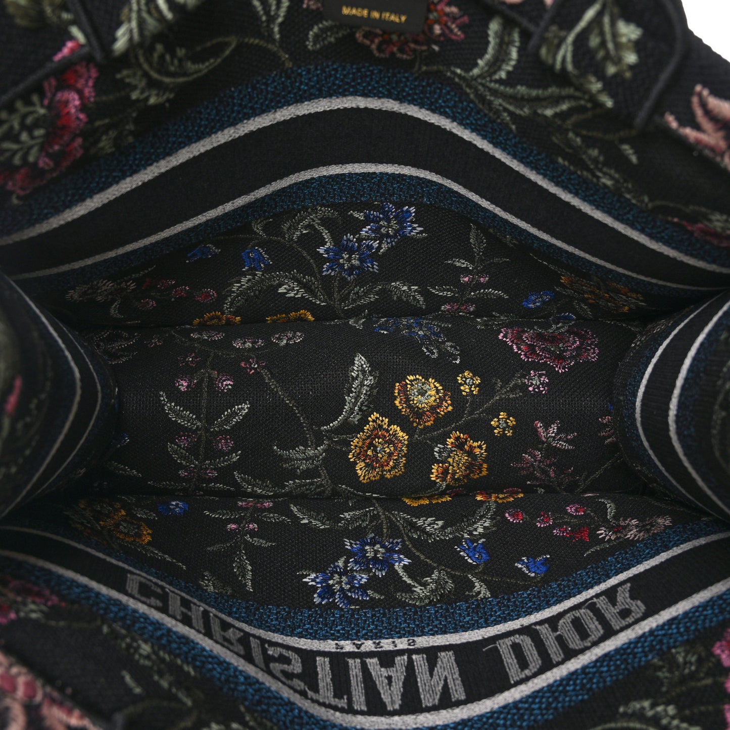 Raffia Embroidered Petites Fleurs Medium Book Tote Navy Blue Multicolor
