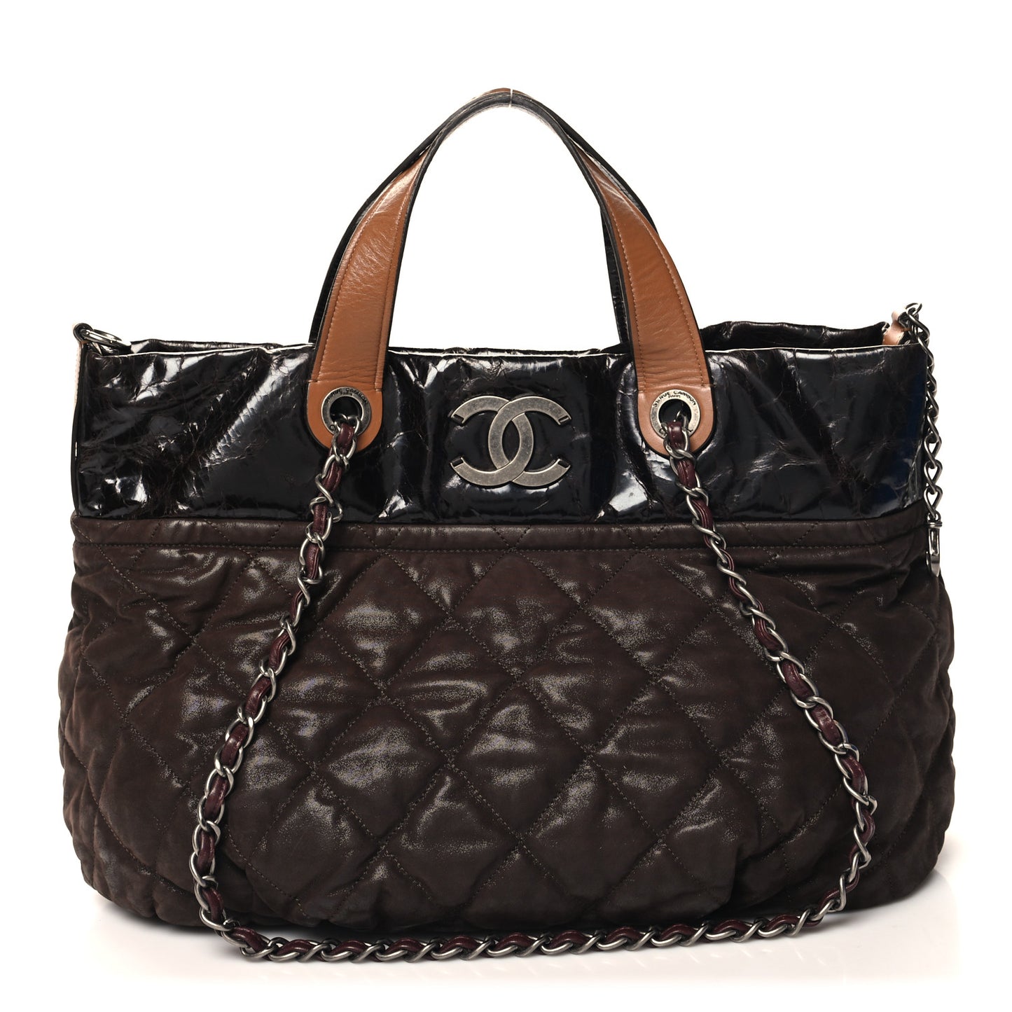 Iridescent Calfskin Quilted Large In The Mix Tote Dark Brown