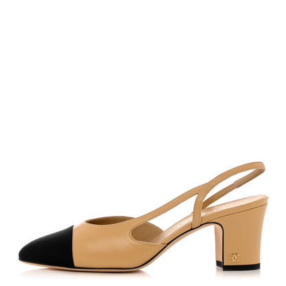 Chanel Goatskin Grosgrain Cap Toe CC Slingback Pumps 38 Beige Black 1 of 9