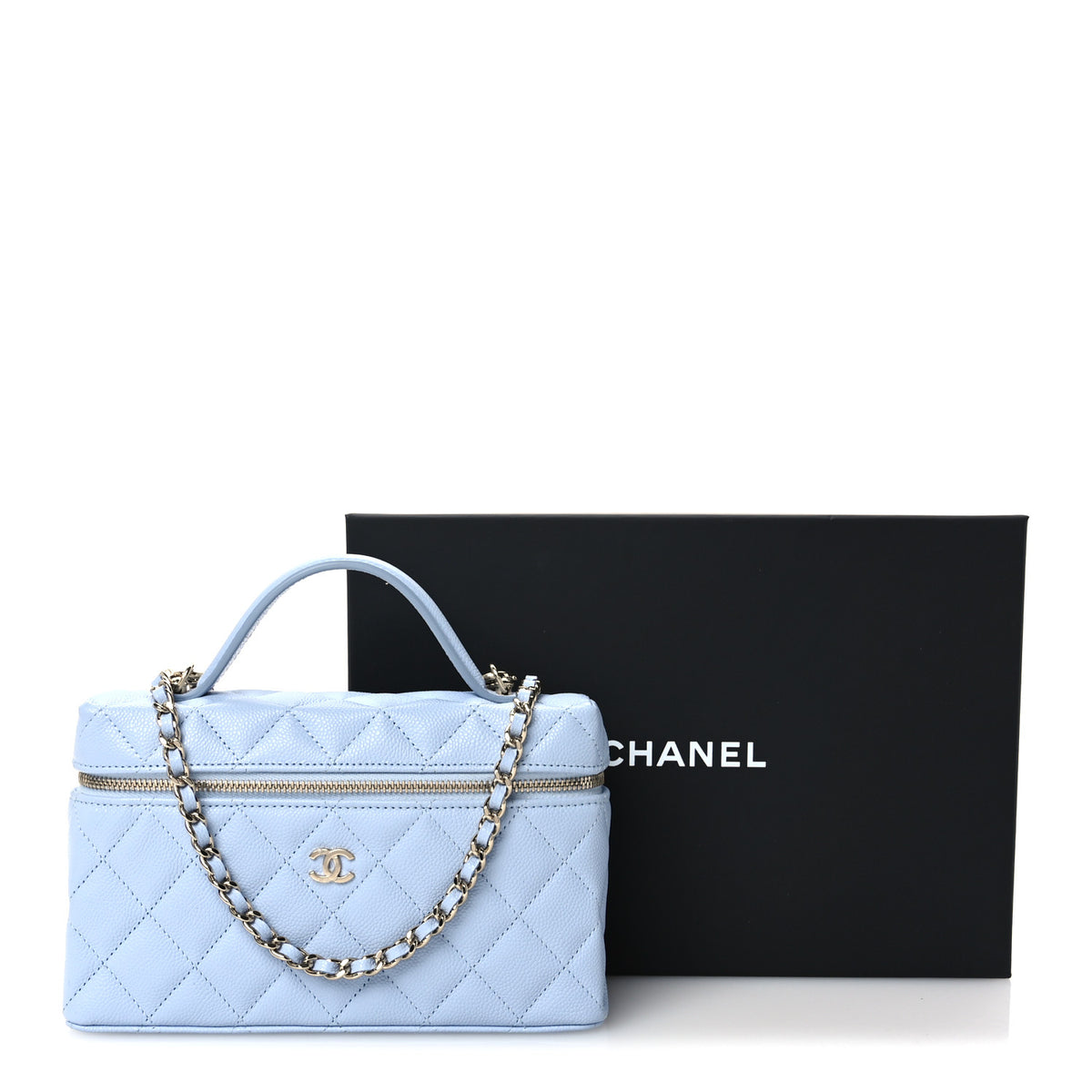 Chanel Caviar Quilted Top Handle Slim Vanity With Chain Light Blue 11 of 11