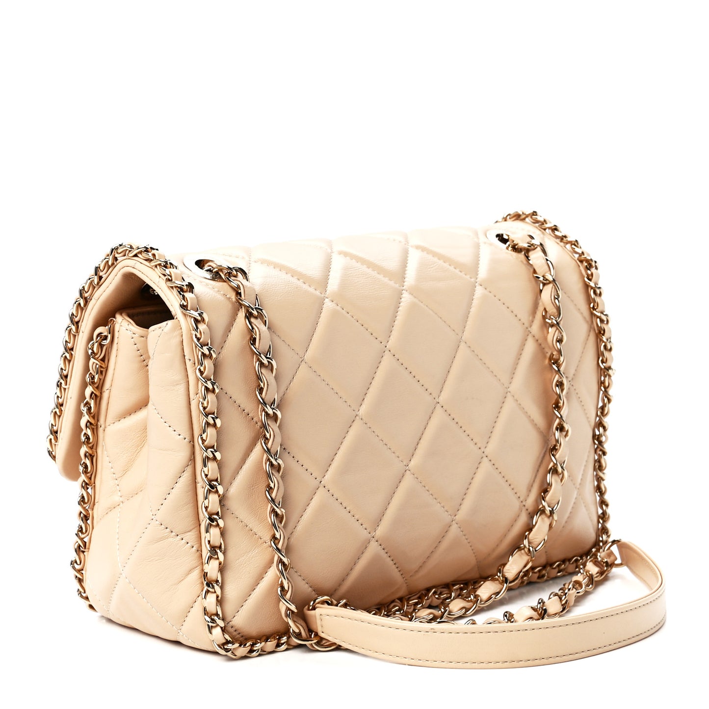 Crumpled Calfskin Medium Chain All Over Flap Beige