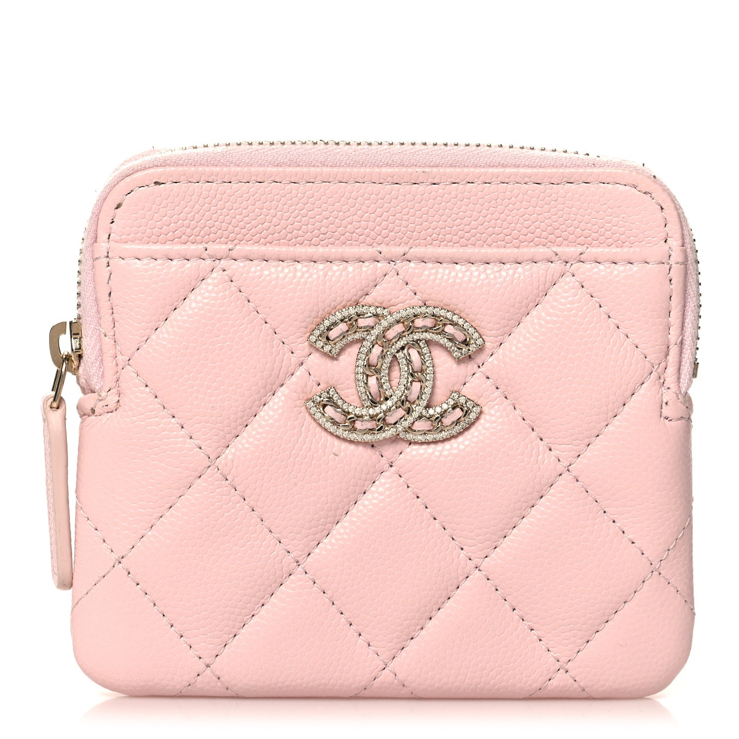 Caviar Quilted Crystal Zip Card Holder Wallet Light Pink