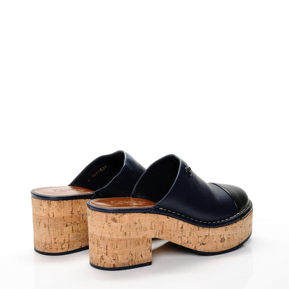 Chanel Glazed Calfskin Cork Cap Toe Platform Mules 37.5 Navy Black 3 of 7