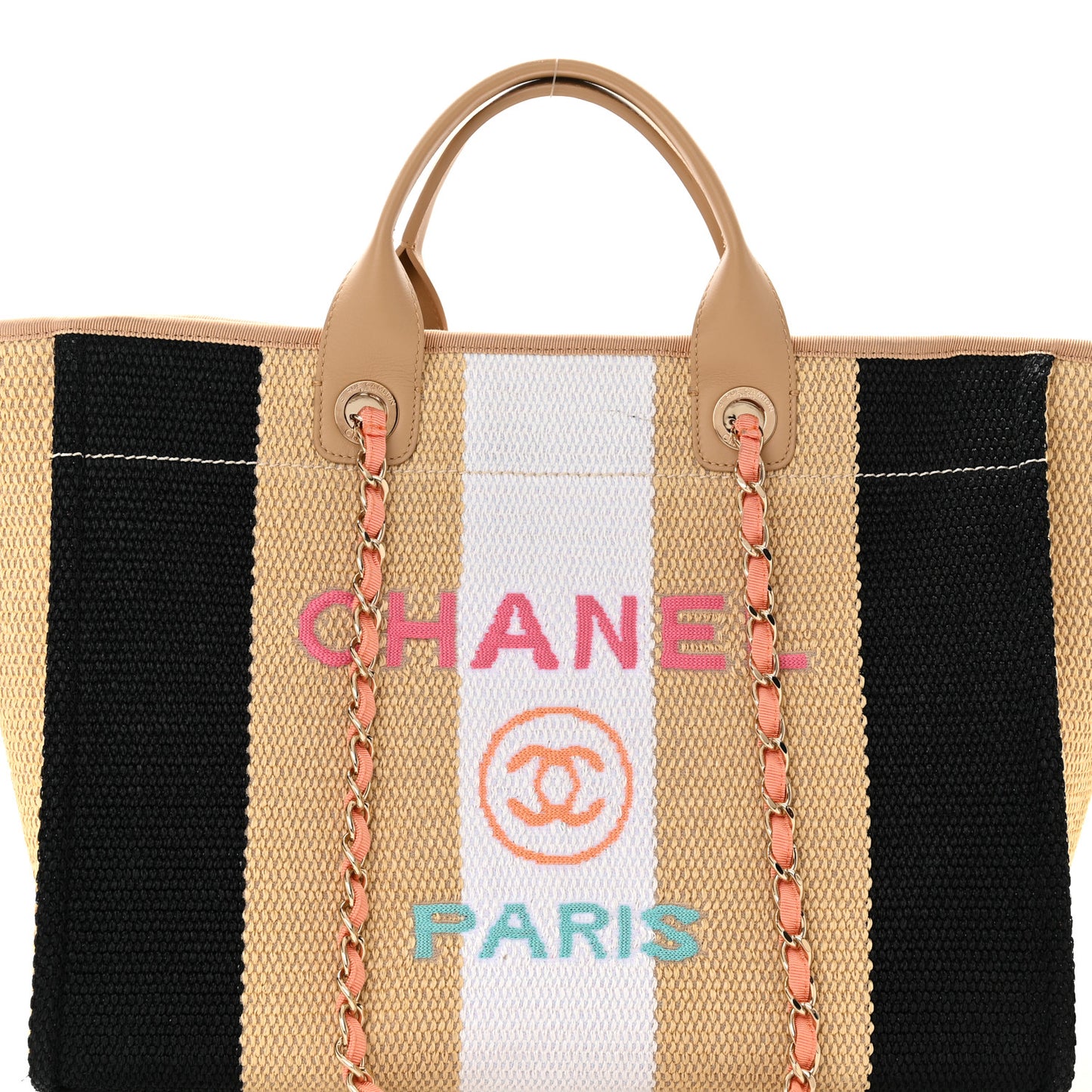 Straw Raffia Calfskin Striped Medium Deauville Tote Black Beige Ivory
