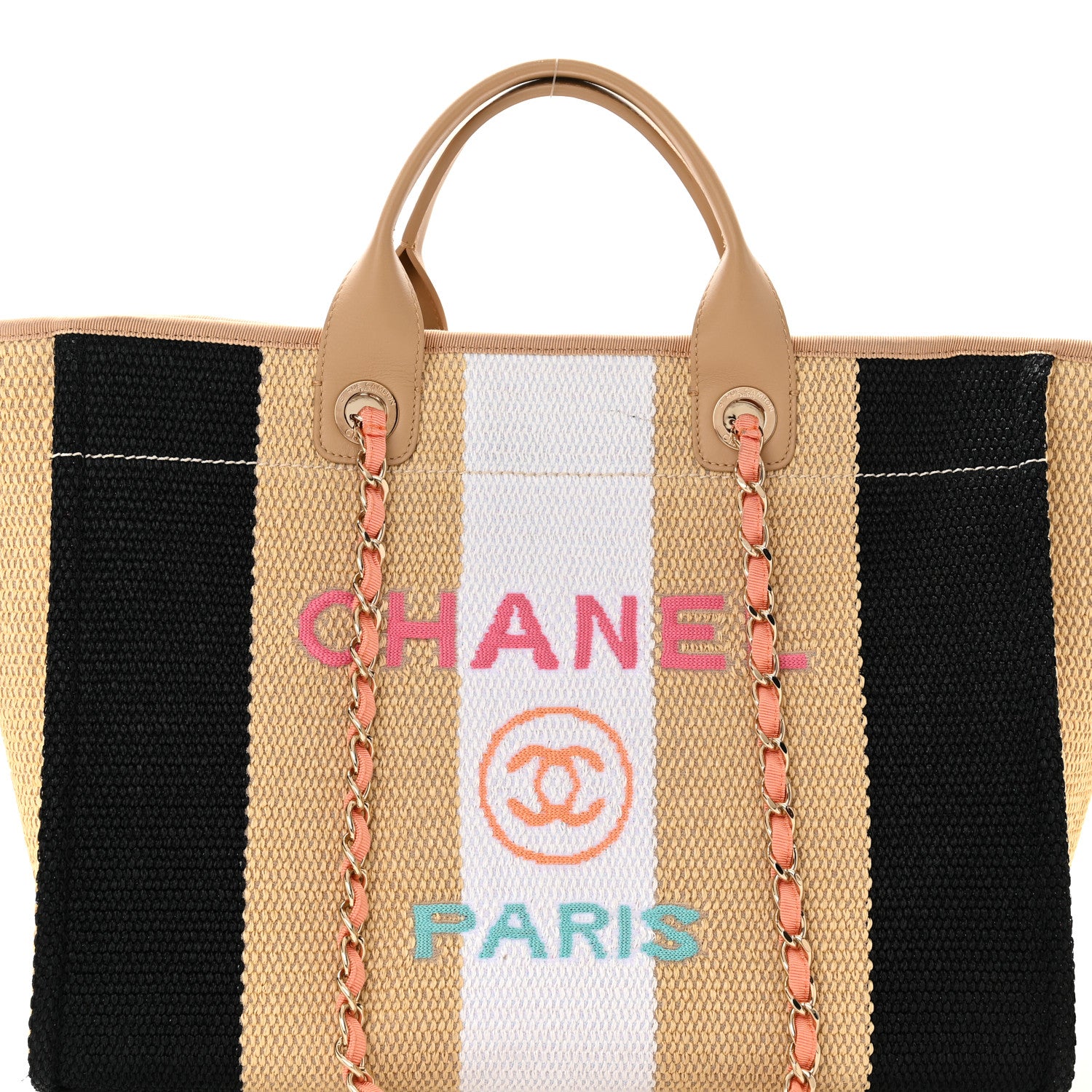 Chanel Straw Raffia Calfskin Striped Medium Deauville Tote Black Beige Ivory 8 of 12