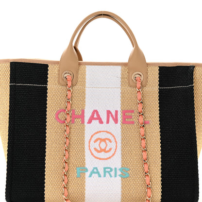 Chanel Straw Raffia Calfskin Striped Medium Deauville Tote Black Beige Ivory 8 of 12