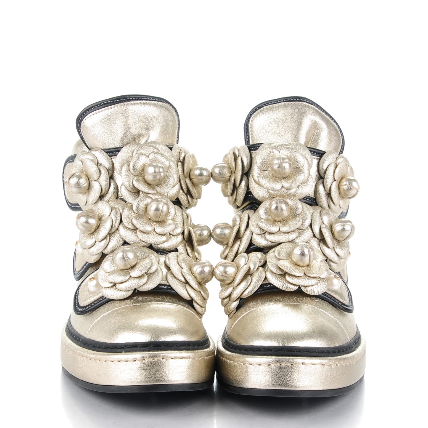 Metallic Lambskin Camellia High Top Sneakers 37 Gold
