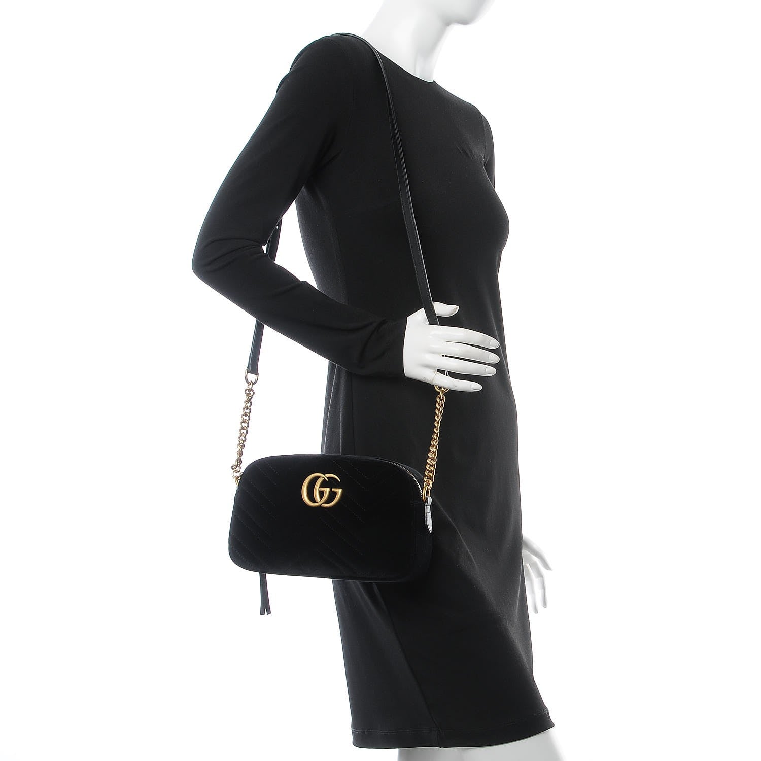 Gucci Velvet Matelasse Small GG Marmont Chain Shoulder Bag Black 2 of 7