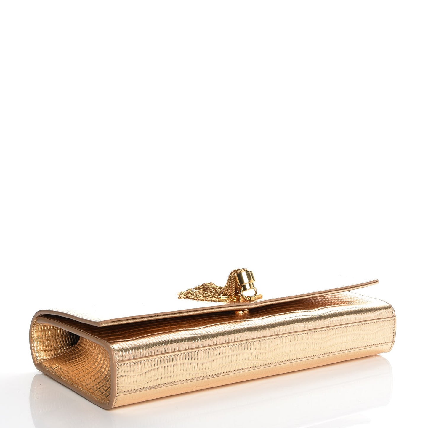 Metallic Lizard Embossed Classic Monogram Kate Tassel Clutch Gold