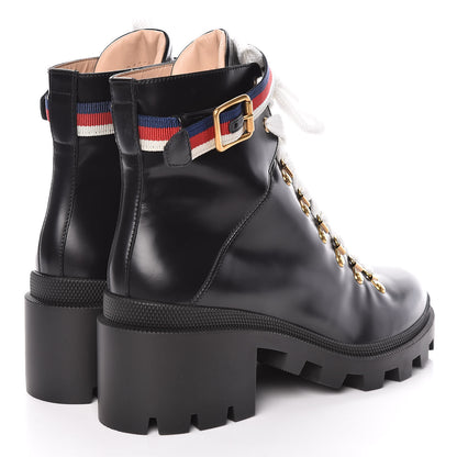 Gucci Calfskin Sylvie Web Lace Up Combat Boots 40 Black 4 of 11