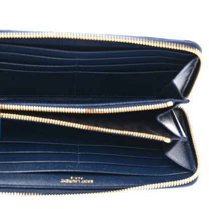 Saint Laurent Grain De Poudre Matelasse Chevron Monogram Zip Around Wallet Navy 5 of 6