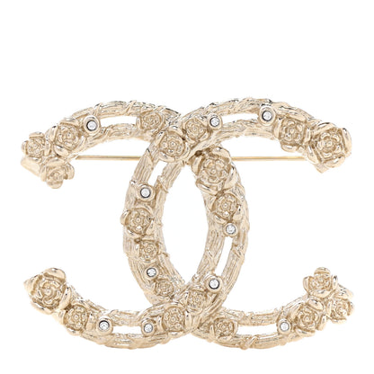 Chanel Metal Crystal Camellia CC Brooch Light Gold 1 of 5