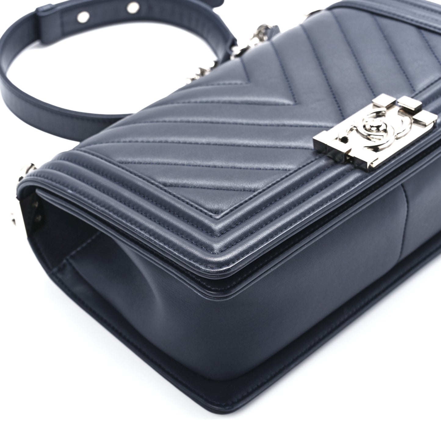 Lambskin Chevron Quilted Medium Boy Flap Navy Blue