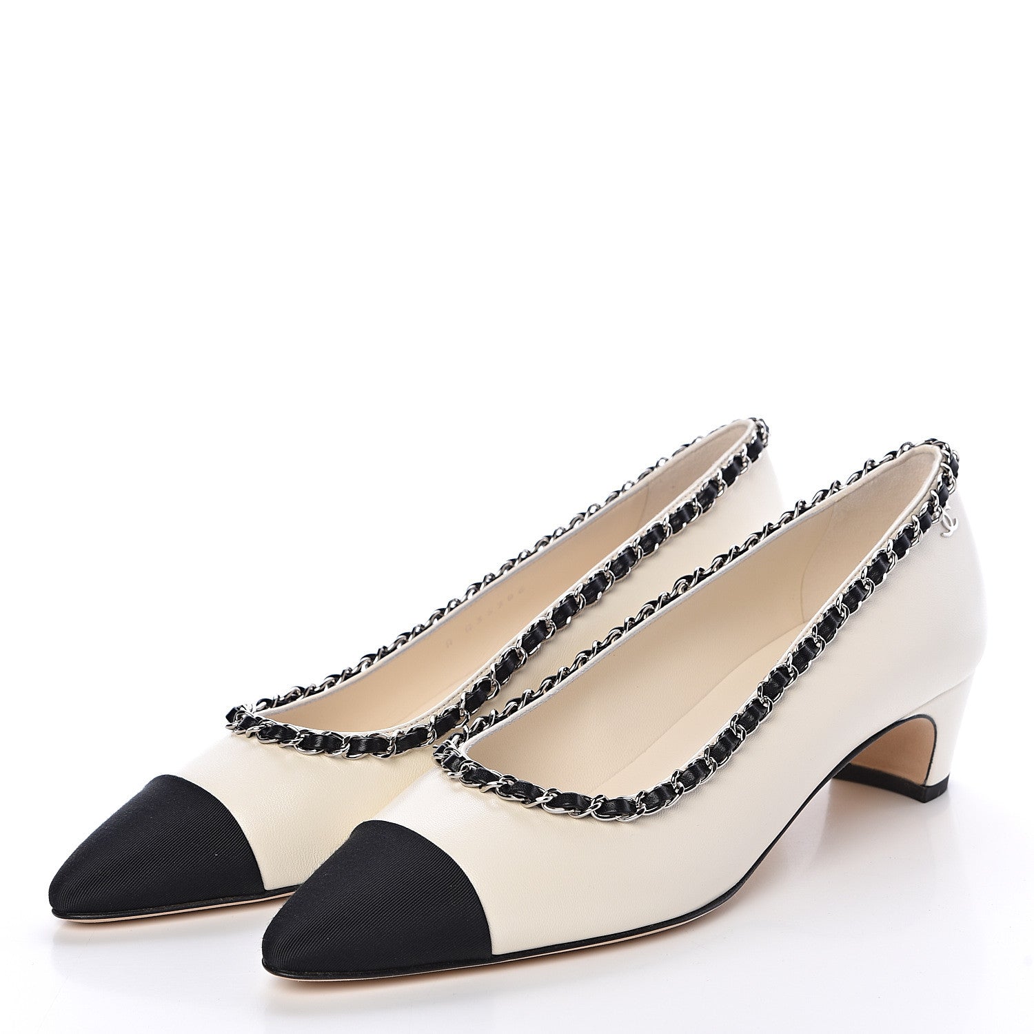 Chanel Lambskin Grosgrain Chain Cap Toe Pumps 38 Ivory Black 3 of 8