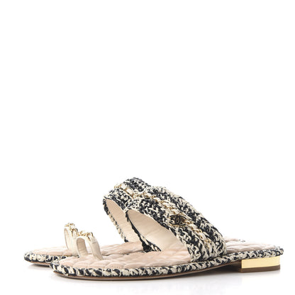 Chanel Raffia Lambskin Woven Chain CC Toe Ring Sandals 41.5 Black Beige 3 of 11