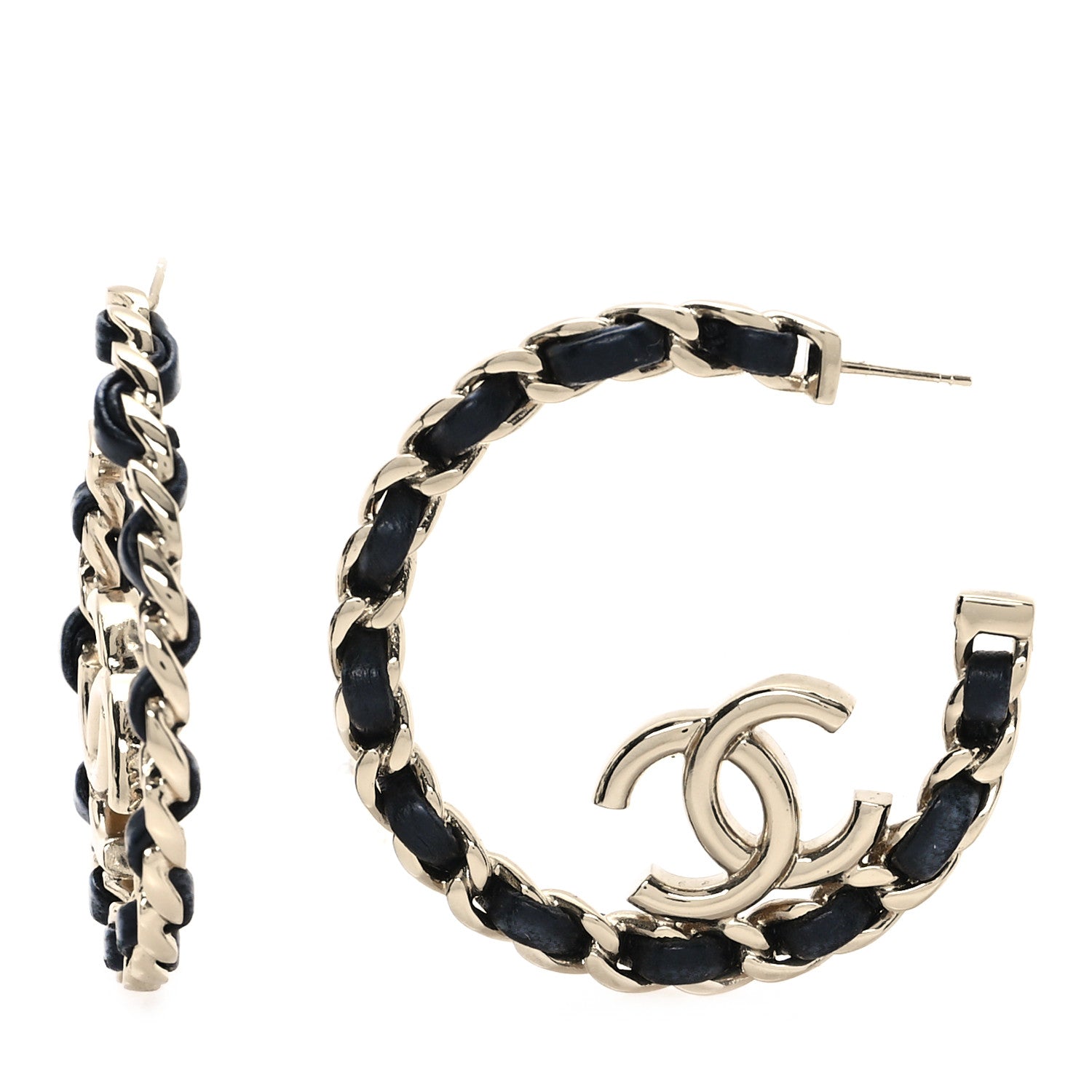 Chanel Metal Lambskin Quilted CC Chain Hoop Earrings Gold Black 1 of 6