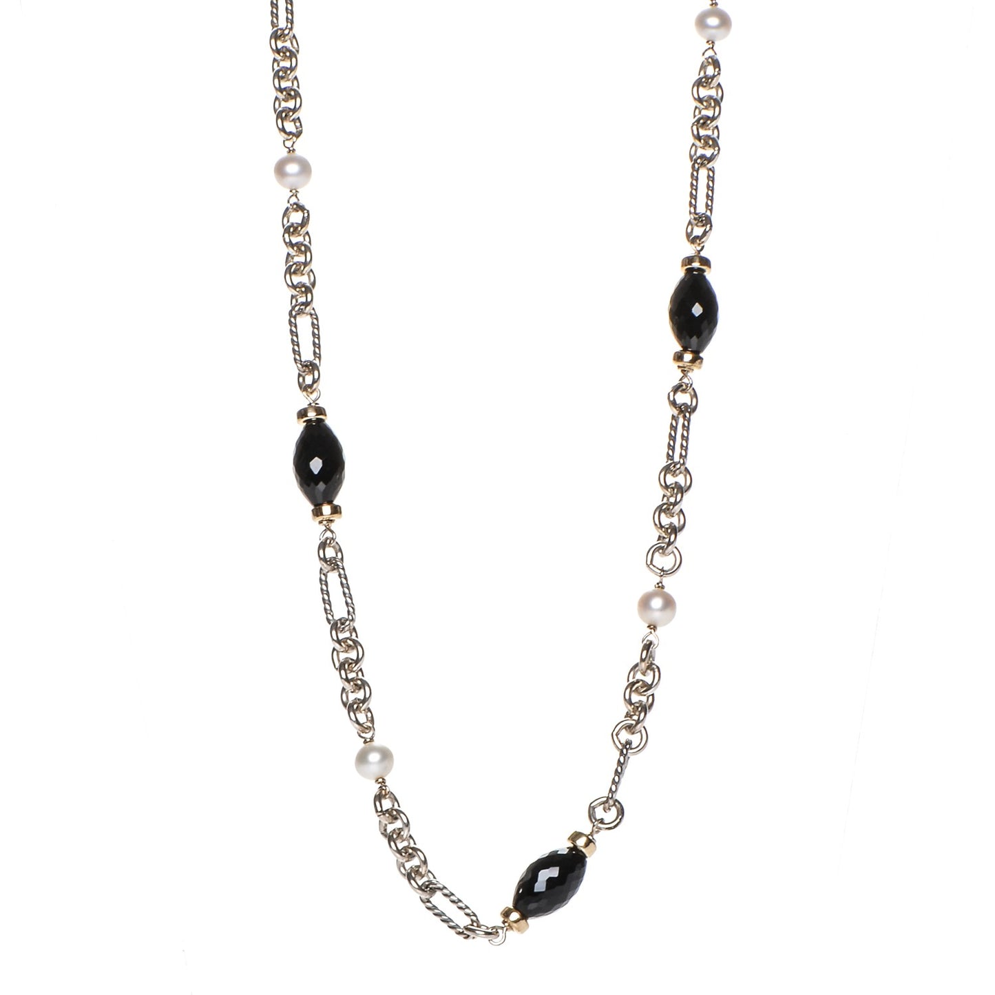 Sterling Silver 18K Yellow Gold Black Onyx Pearl Figaro Chain Necklace