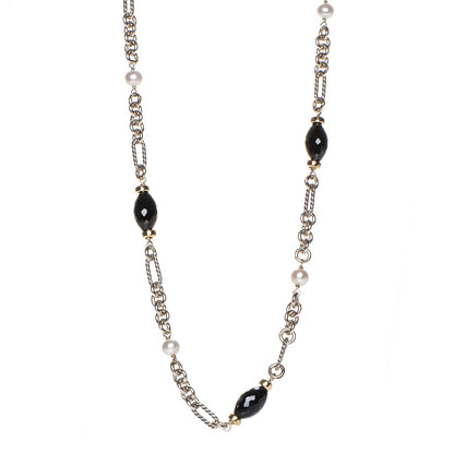 David Yurman Sterling Silver 18K Yellow Gold Black Onyx Pearl Figaro Chain Necklace 1 of 6