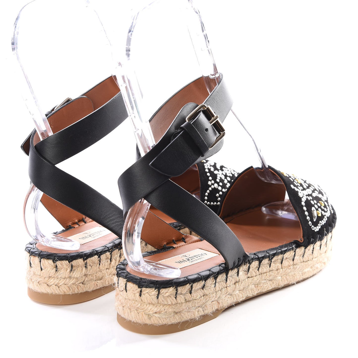 Suede Studded Peep Toe Ankle Wrap Flatform Espadrilles 38 Black