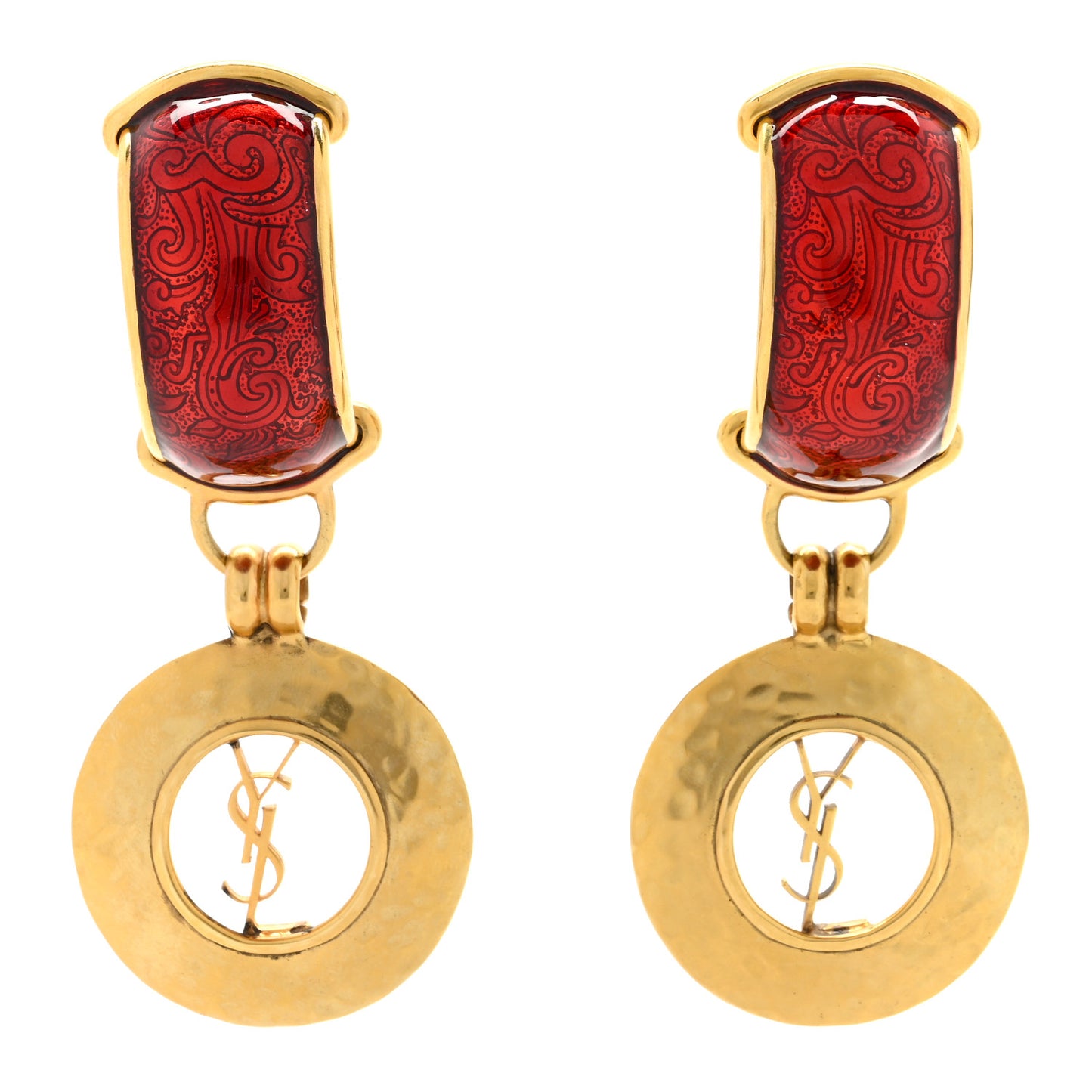Metal Dome Clip On Earrings Red Silver
