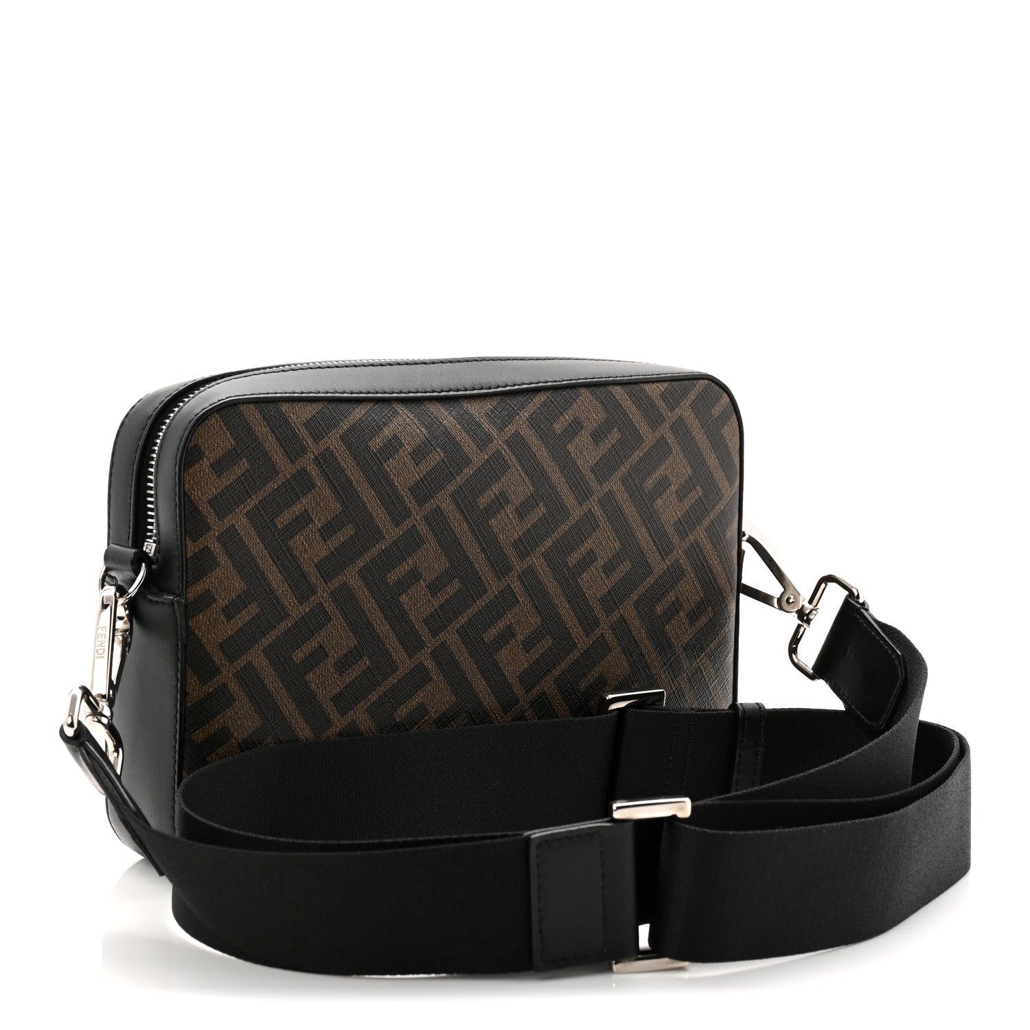 Fendi Glazed Fabric Vitello Liberty FF 1974 Diagonal Medium Camera Case Tobacco Moresco Black 4 of 19