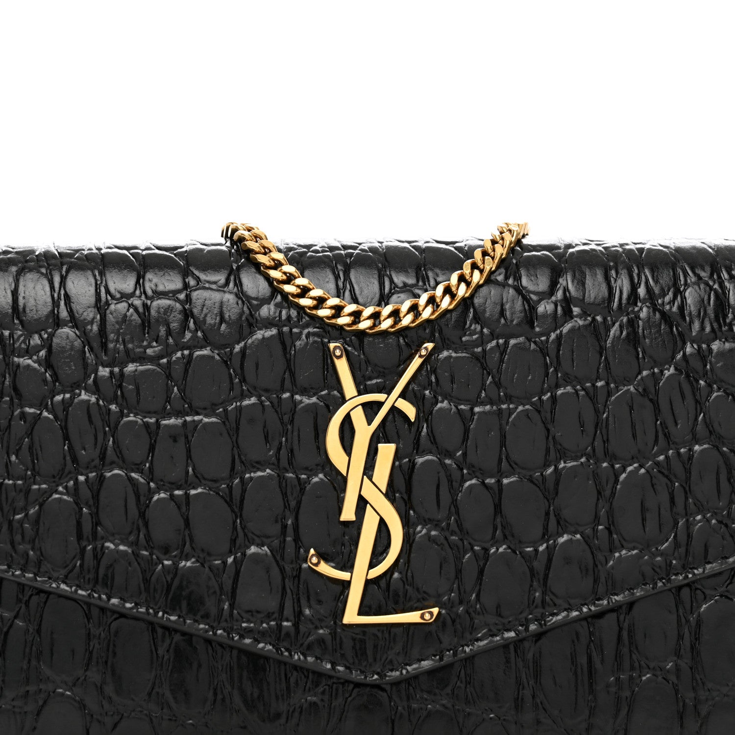 Saint Laurent Calfskin Crocodile Embossed Monogram Uptown Chain Wallet Black 8 of 11