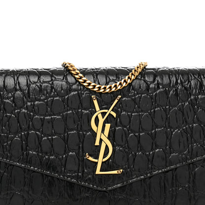 Saint Laurent Calfskin Crocodile Embossed Monogram Uptown Chain Wallet Black 8 of 11