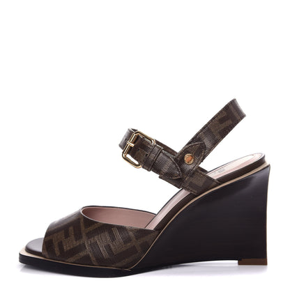 Fendi Glazed Fabric FF Wedge Sandals 38 Tobacco Moro 1 of 9