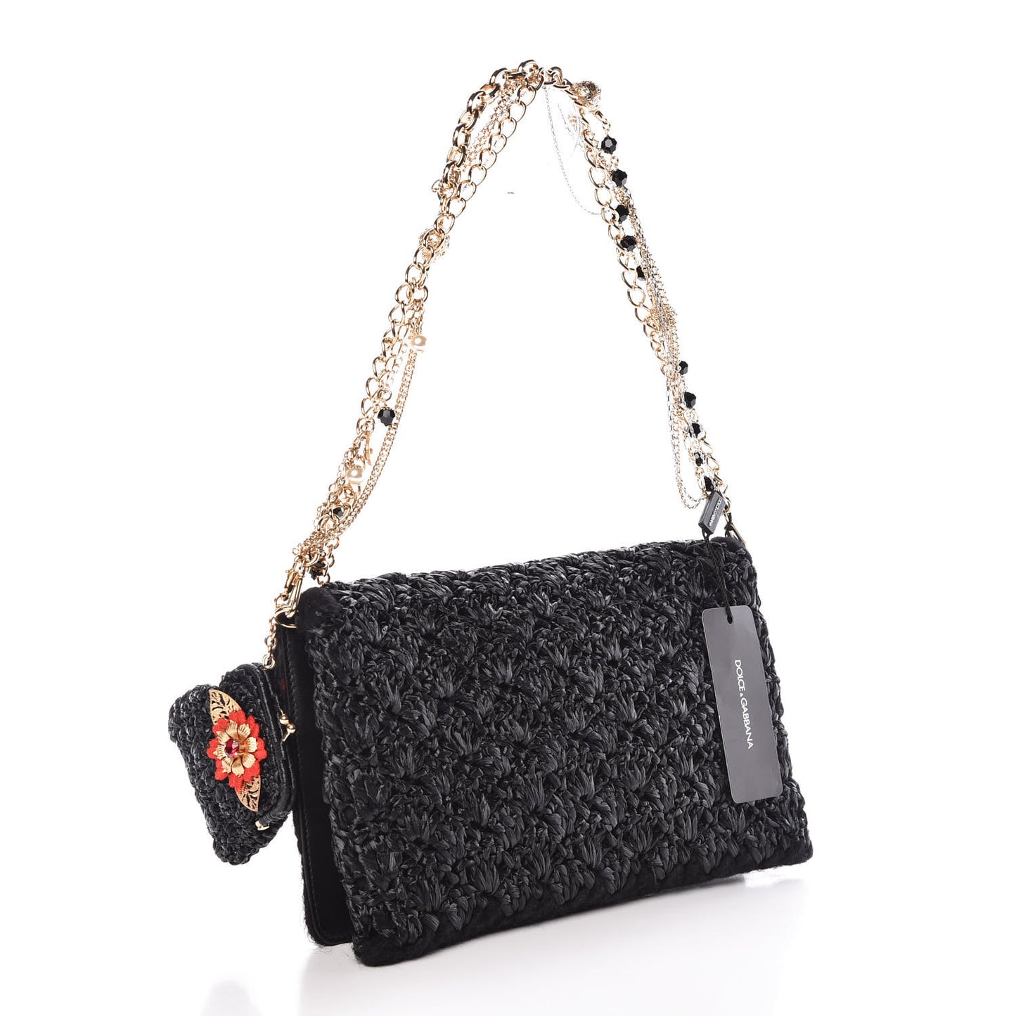 Woven Raffia Embellished Chain Flap Bag Black Multicolor