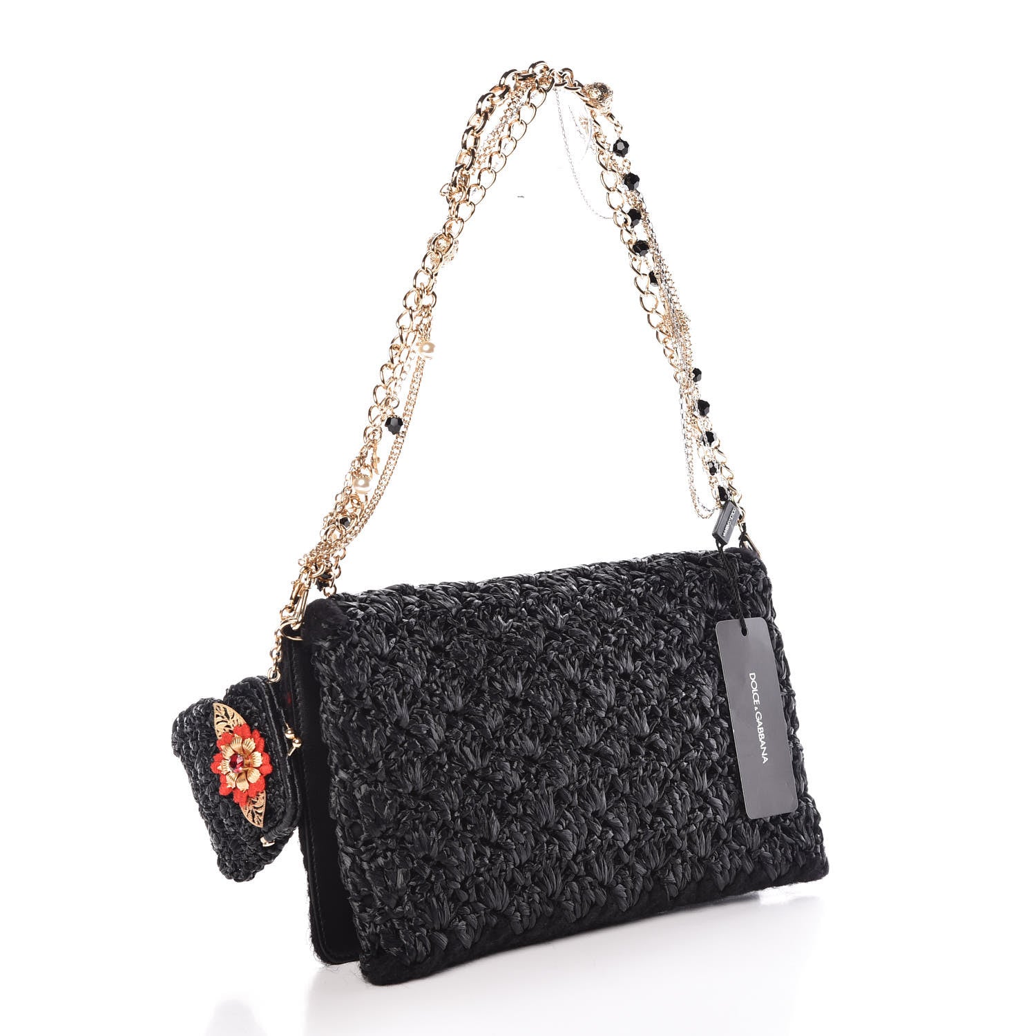 Dolce & Gabbana Woven Raffia Embellished Chain Flap Bag Black Multicolor 3 of 6