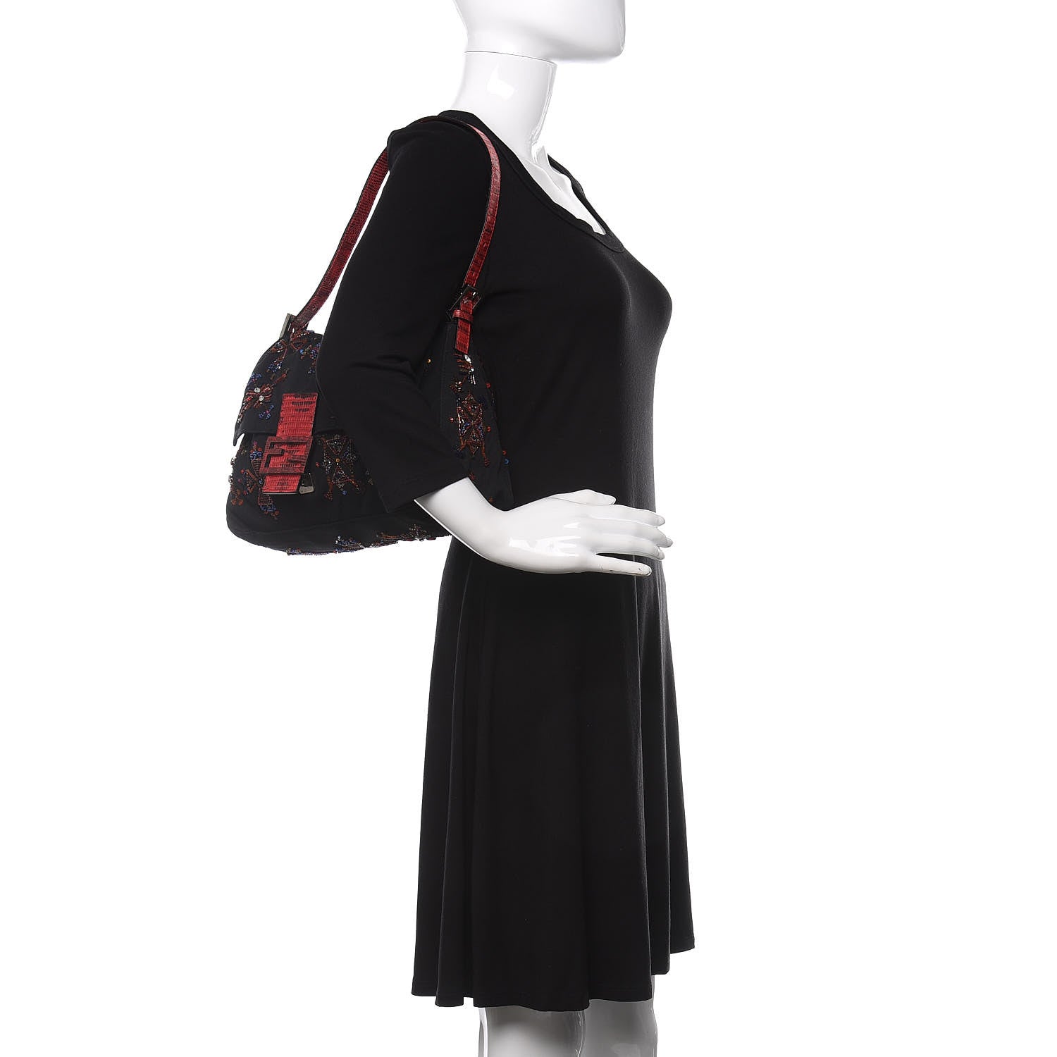 Fendi Neoprene Beaded Lizard Mama Baguette Black Red 2 of 10
