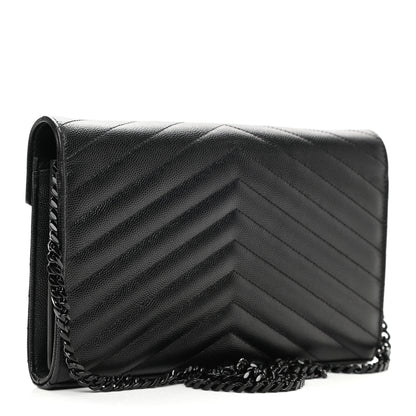 Saint Laurent Grain De Poudre Matelasse Chevron Monogram Chain Wallet Black 2 of 10