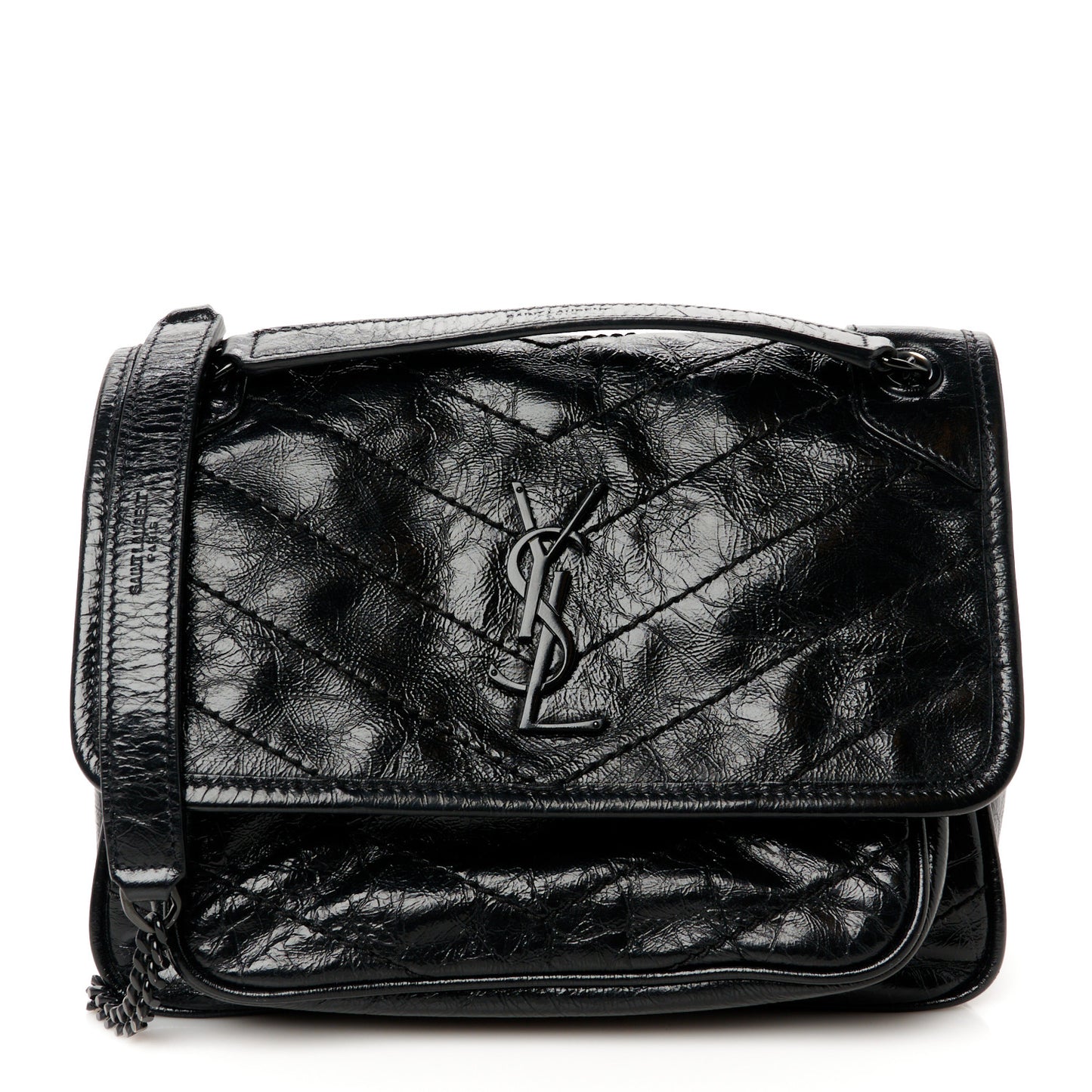 Crinkled Calfskin Matelasse Monogram Baby Niki Chain Satchel Black