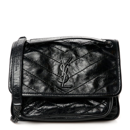 Saint Laurent Crinkled Calfskin Matelasse Monogram Baby Niki Chain Satchel Black 1 of 10