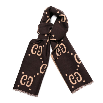 Gucci Wool Silk Monogram Jumbo GG Freedom Scarf Dark Brown Beige 1 of 4