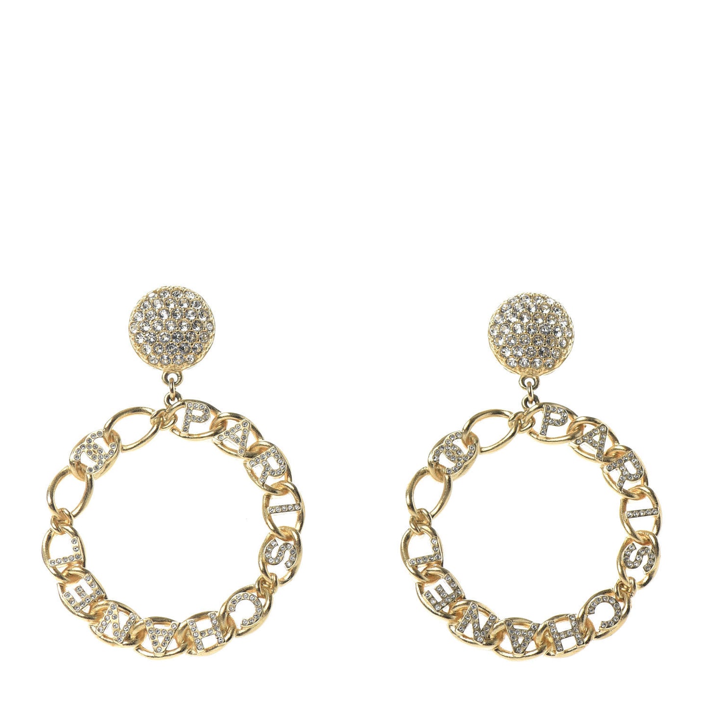 Metal Crystal CC Paris Chain Link Hoop Earrings Gold